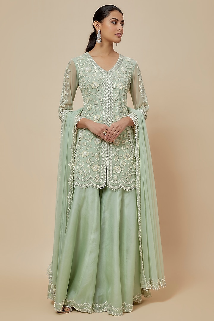 Mint Green Organza Bridal Sharara Set by Malasa at Pernia's Pop Up Shop