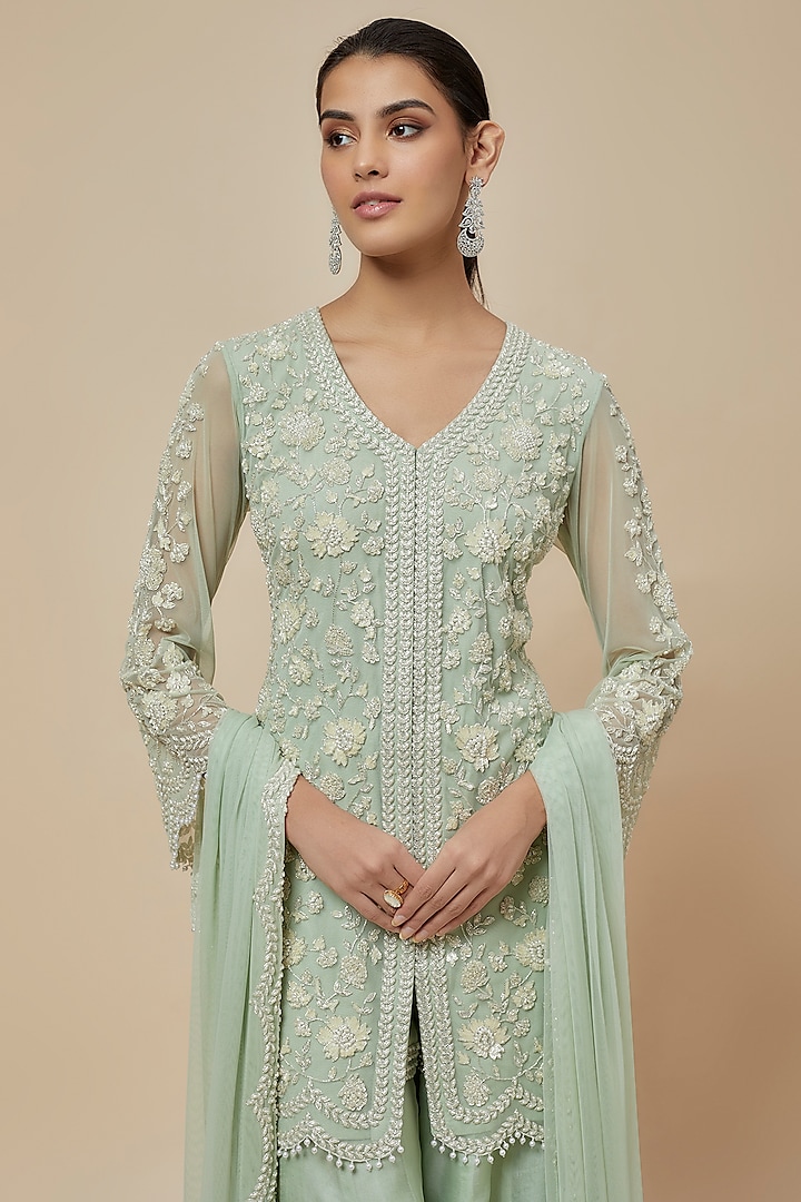 Mint Green Organza Bridal Sharara Set by Malasa at Pernia's Pop Up Shop
