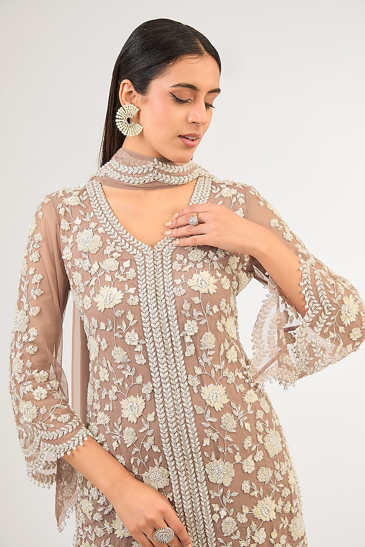 Champagne Net Pearl & Cutdana Work Jacket Set by Malasa at Pernia's Pop Up Shop