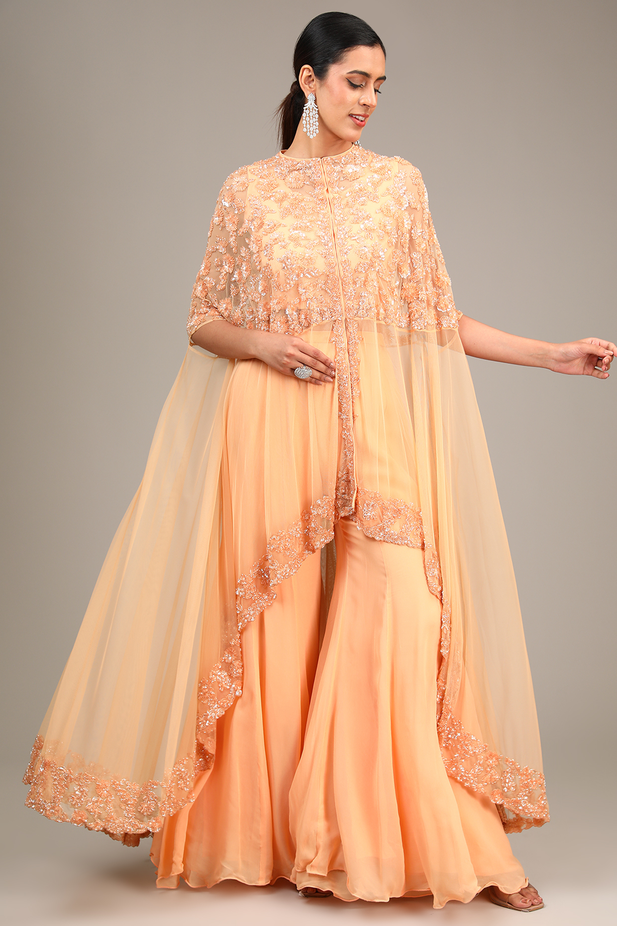 Peach Net Cutdana Work Cape Set by Malasa at Pernia's Pop Up Shop