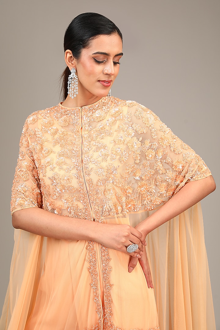 Peach Net Cutdana Work Cape Set by Malasa at Pernia's Pop Up Shop