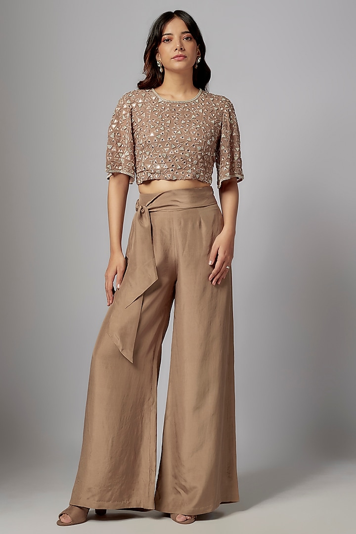 Champagne Silk Satin Mirror Embroidered Co-Ord Set by Malasa