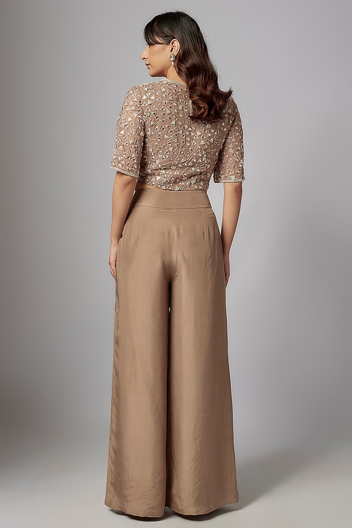 Champagne Silk Satin Mirror Embroidered Co-Ord Set by Malasa at Pernia's Pop Up Shop