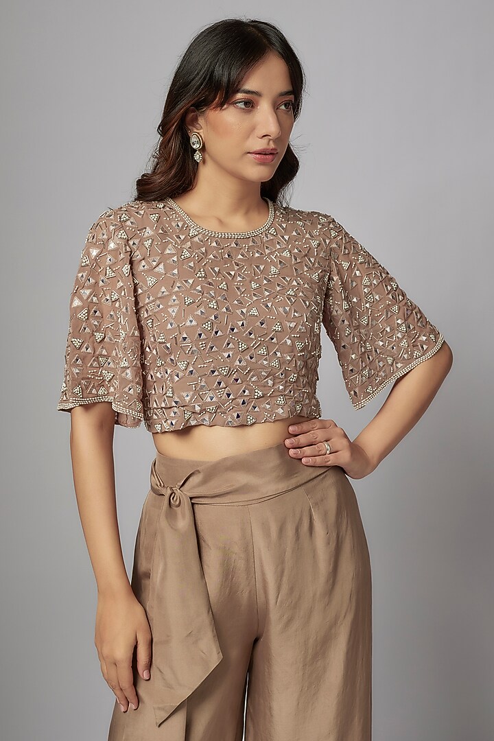 Champagne Silk Satin Mirror Embroidered Co-Ord Set by Malasa at Pernia's Pop Up Shop