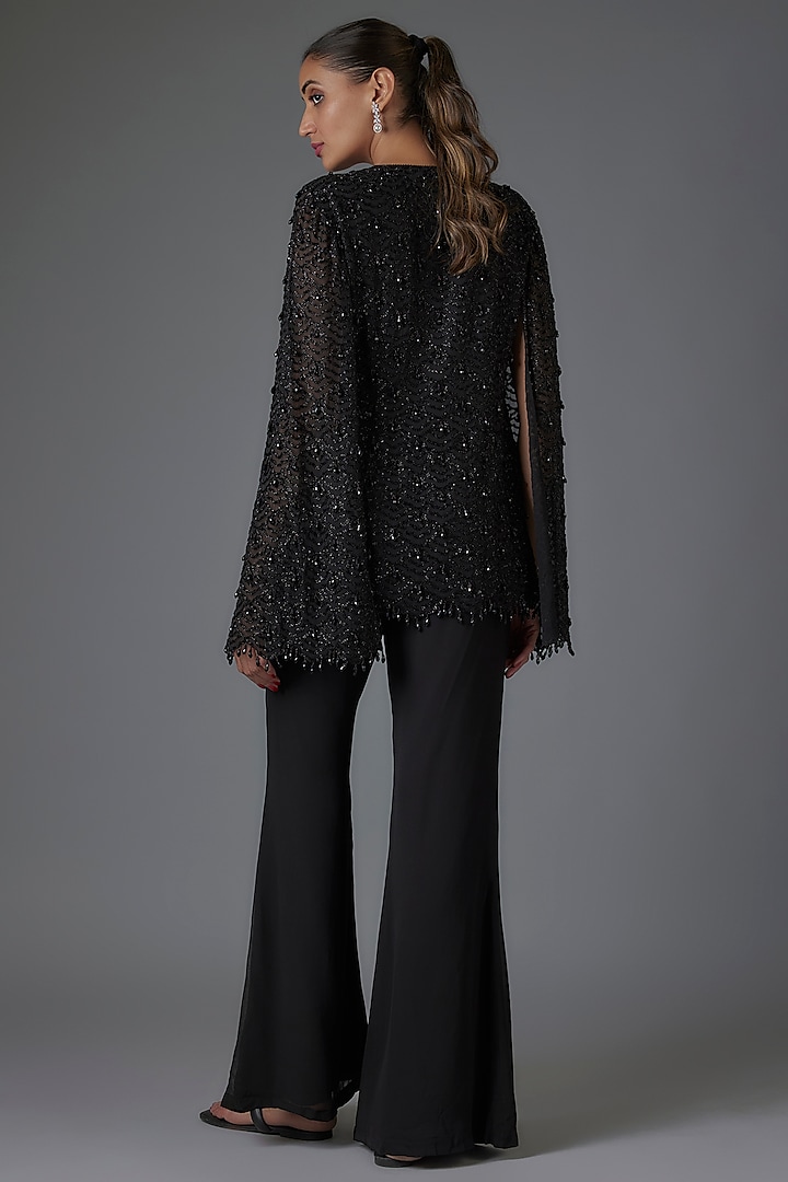 Black Georgette Cutdana Work Jacket Set by Malasa at Pernia's Pop Up Shop
