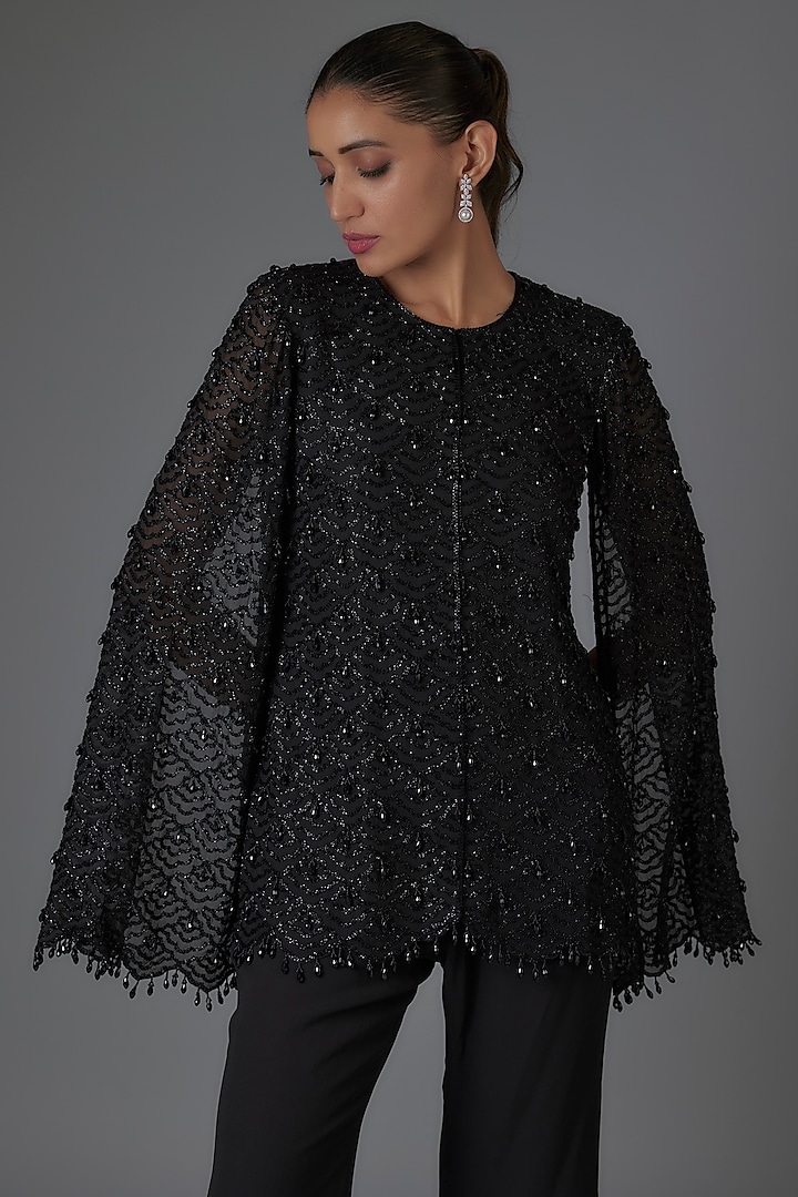 Black Georgette Cutdana Work Jacket Set by Malasa at Pernia's Pop Up Shop