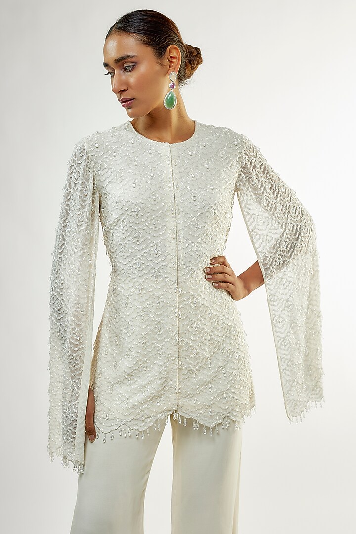 Ivory Georgette Cutdana Embroidered Co-Ord Set by Malasa at Pernia's Pop Up Shop