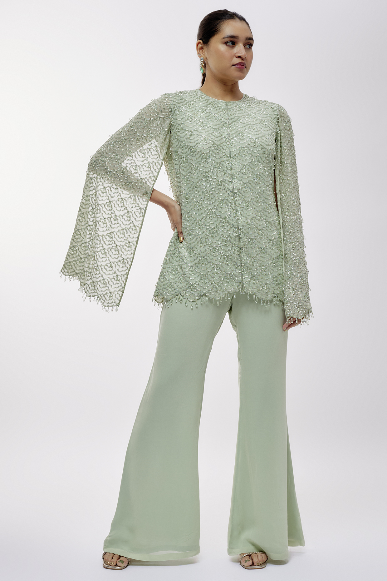 Seafoam Green Net Cutdana Work Jacket Set by Malasa at Pernia's Pop Up Shop