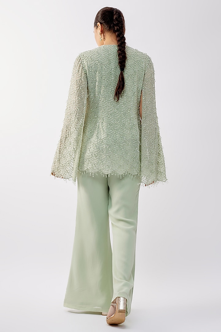 Seafoam Green Net Cutdana Work Jacket Set by Malasa at Pernia's Pop Up Shop