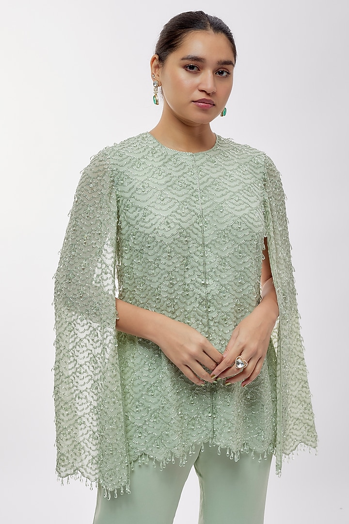 Seafoam Green Net Cutdana Work Jacket Set by Malasa at Pernia's Pop Up Shop
