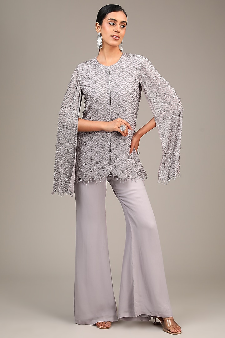 Lilac Georgette Cutdana Work Jacket Set by Malasa at Pernia's Pop Up Shop