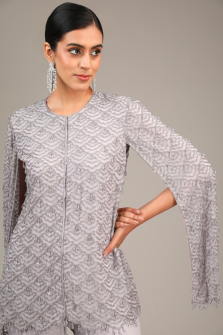 Lilac Georgette Cutdana Work Jacket Set by Malasa at Pernia's Pop Up Shop