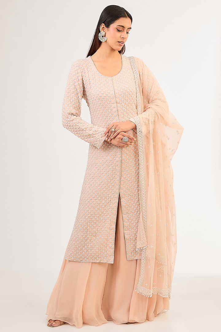 Pink Georgette Pearl & Cutdana Work Jacket Set by Malasa at Pernia's Pop Up Shop