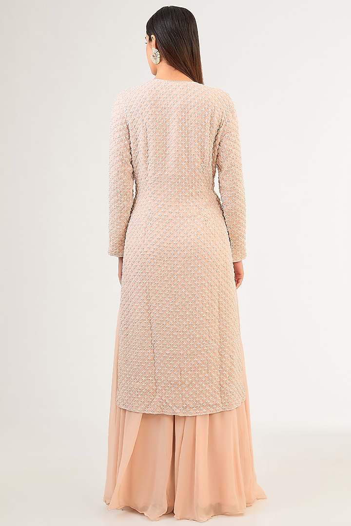 Pink Georgette Pearl & Cutdana Work Jacket Set by Malasa at Pernia's Pop Up Shop
