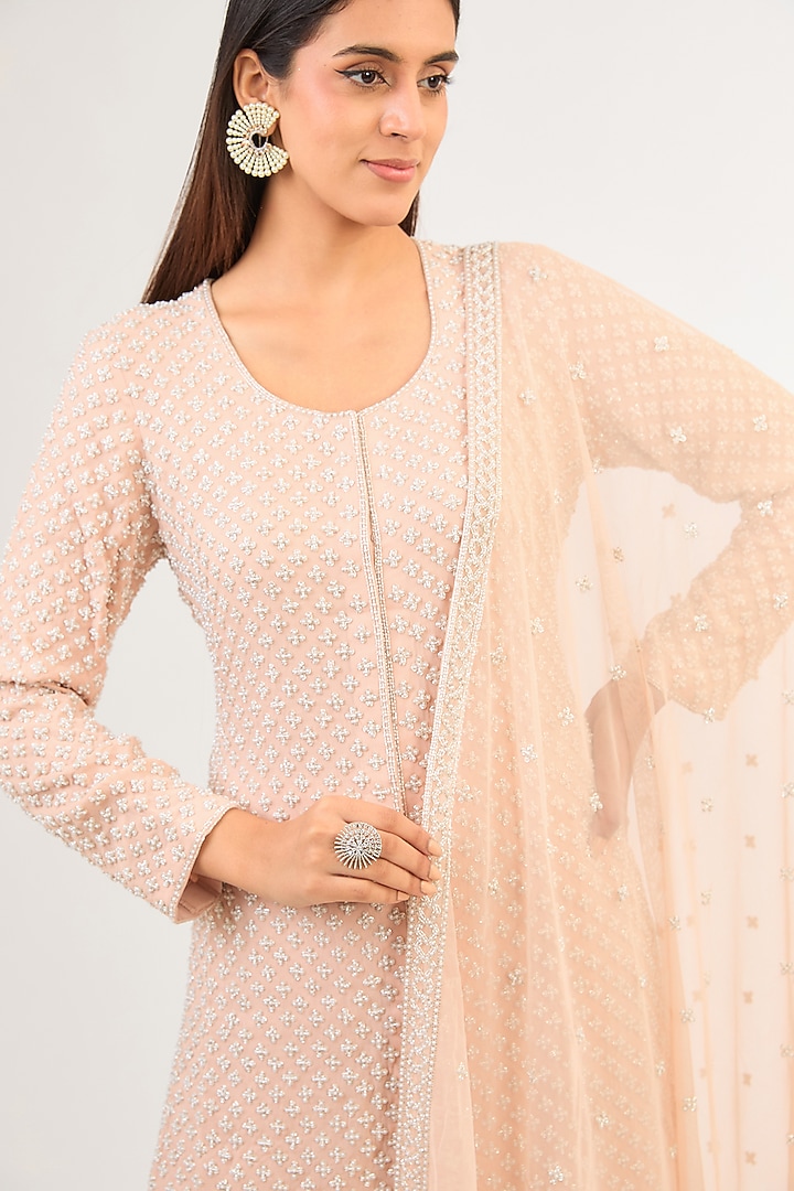 Pink Georgette Pearl & Cutdana Work Jacket Set by Malasa at Pernia's Pop Up Shop