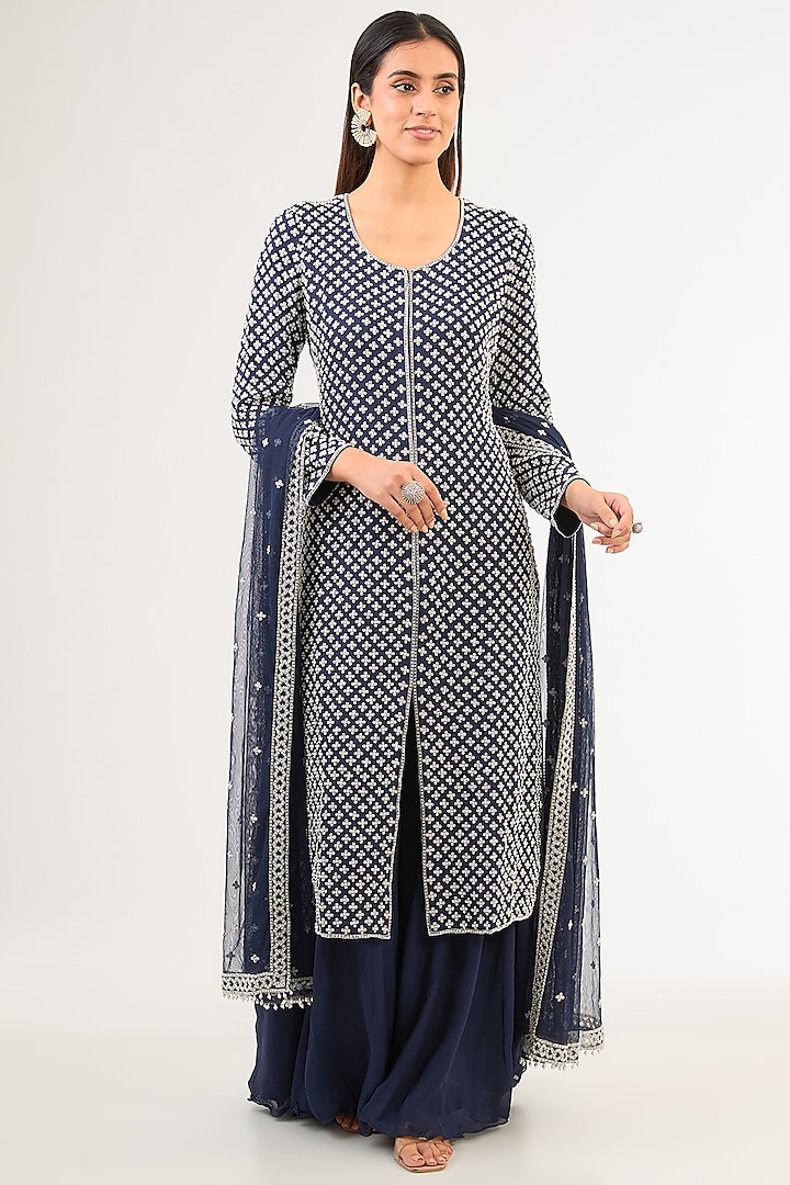 Blue Georgette Pearl & Cutdana Work Jacket Set by Malasa