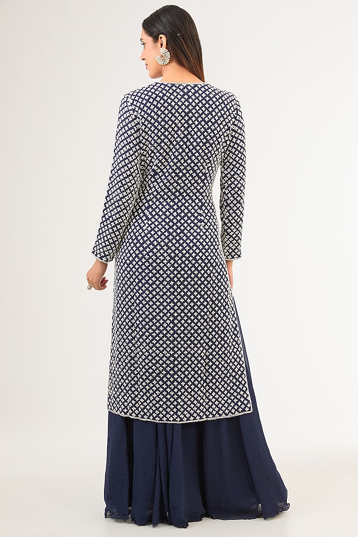 Blue Georgette Pearl & Cutdana Work Jacket Set by Malasa at Pernia's Pop Up Shop