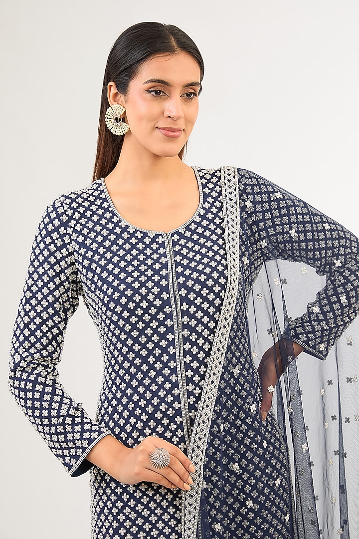 Blue Georgette Pearl & Cutdana Work Jacket Set by Malasa at Pernia's Pop Up Shop