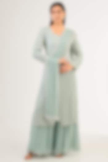 Ice Blue Georgette Pearl & Cutdana Work Jacket Set by Malasa at Pernia's Pop Up Shop