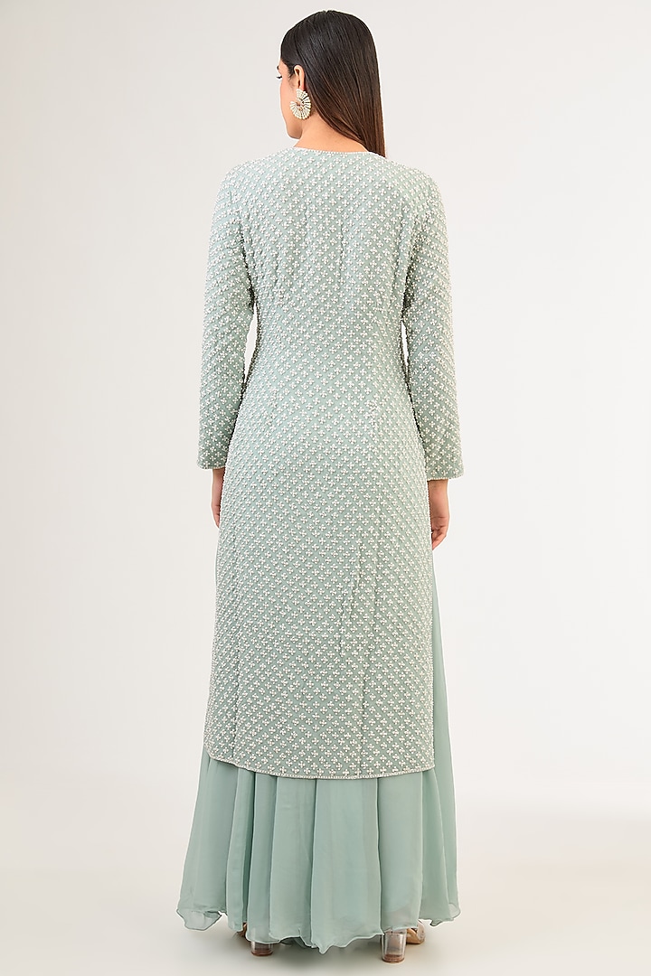 Ice Blue Georgette Pearl & Cutdana Work Jacket Set by Malasa at Pernia's Pop Up Shop