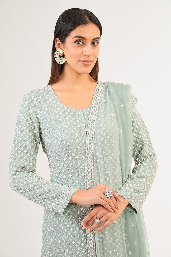 Ice Blue Georgette Pearl & Cutdana Work Jacket Set by Malasa at Pernia's Pop Up Shop