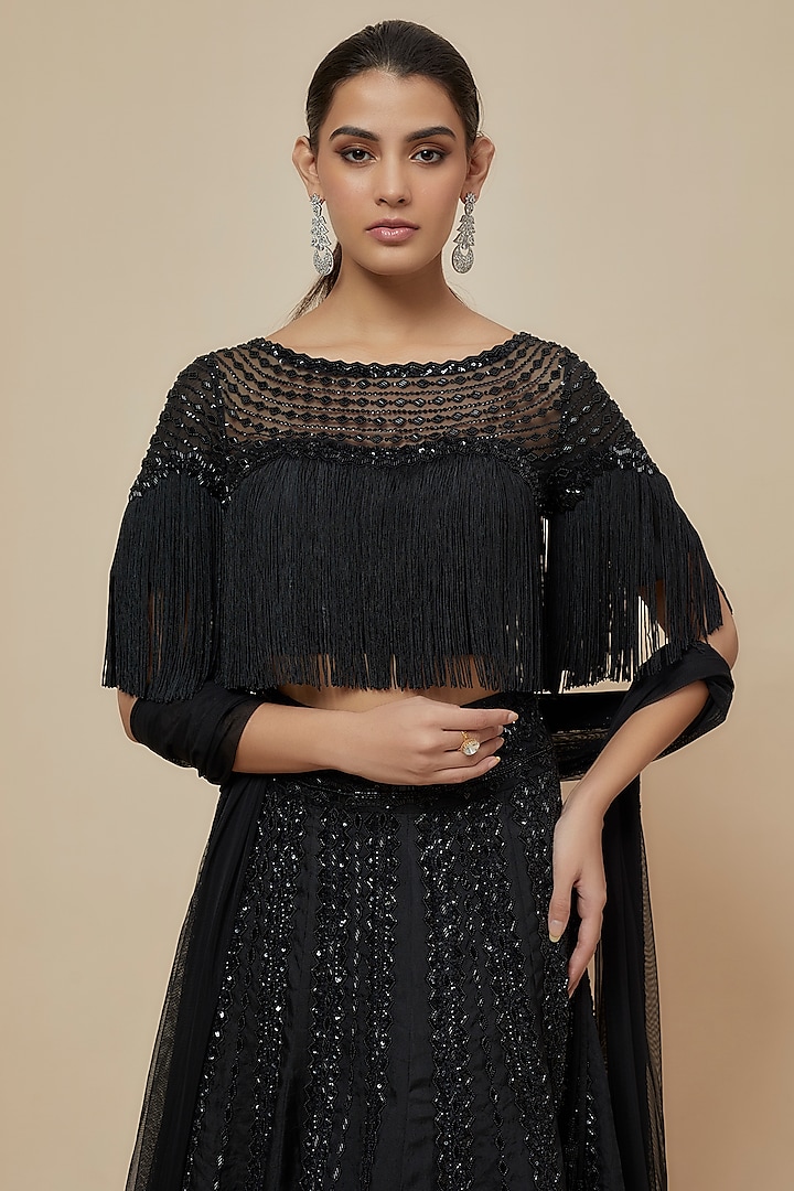 Black Organza Cutdana & Bead Work Bridal Lehenga Set by Malasa at Pernia's Pop Up Shop