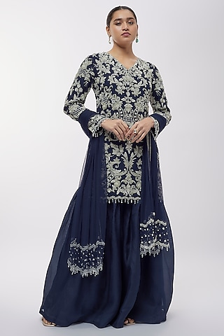 Blue Organza Sharara Set by Malasa