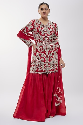 Red Organza Sharara Set by Malasa