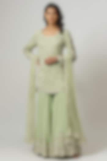 Seafoam Green Georgette Pearl & Cutdana Work Sharara Set by Malasa at Pernia's Pop Up Shop