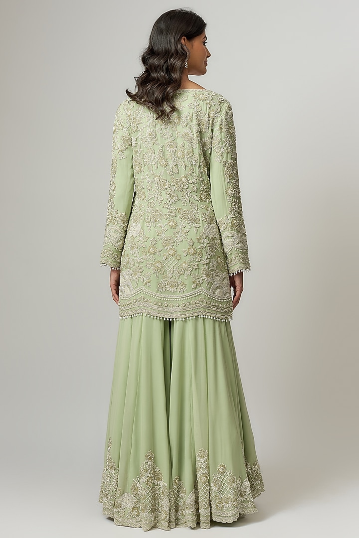Seafoam Green Georgette Pearl & Cutdana Work Bridal Sharara Set by Malasa at Pernia's Pop Up Shop