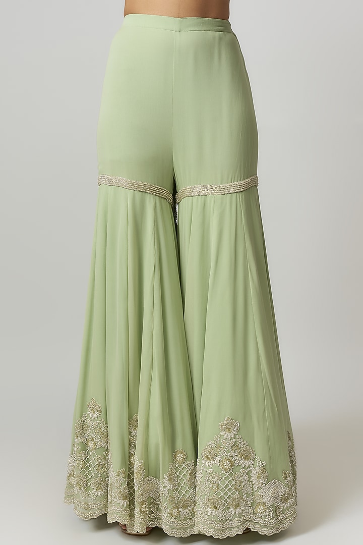 Seafoam Green Georgette Pearl & Cutdana Work Bridal Sharara Set by Malasa at Pernia's Pop Up Shop
