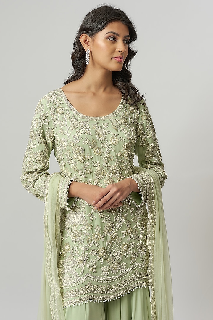 Seafoam Green Georgette Pearl & Cutdana Work Bridal Sharara Set by Malasa at Pernia's Pop Up Shop