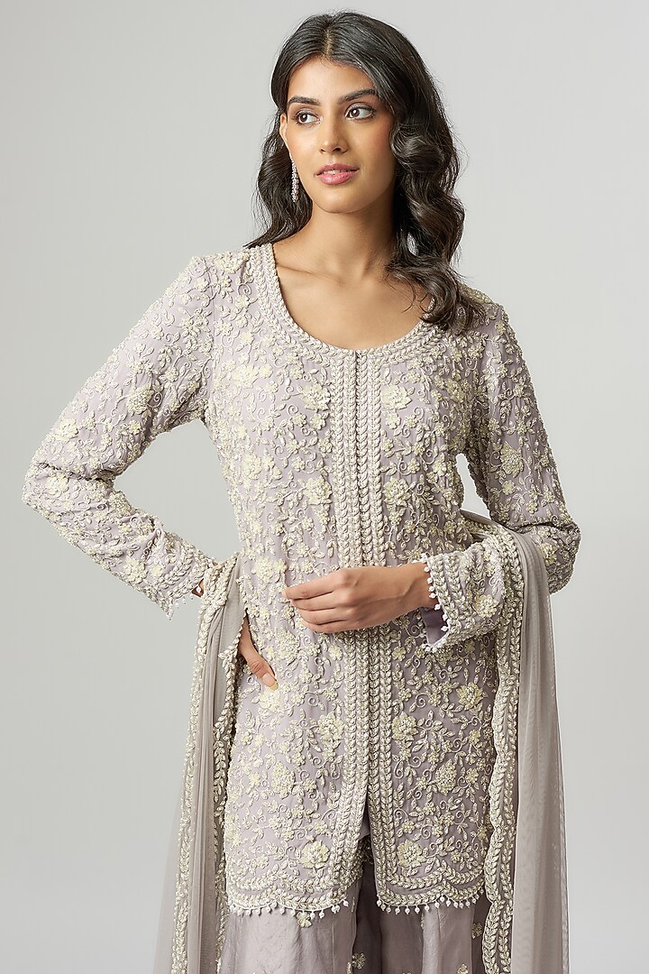 Lilac Organza Pearl & Cutdana Work Bridal Sharara Set by Malasa at Pernia's Pop Up Shop