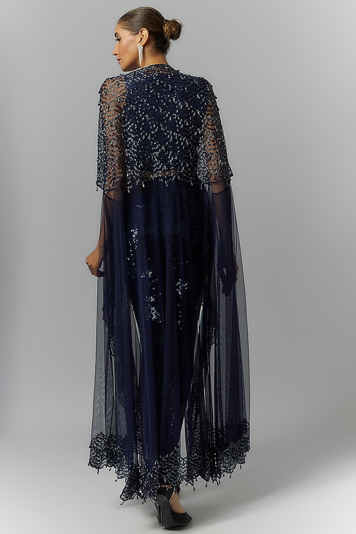 Blue Net Cutdana Work Cape Set by Malasa at Pernia's Pop Up Shop
