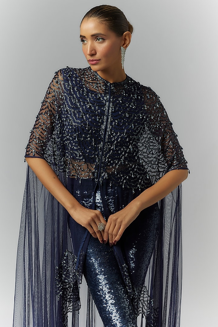 Blue Net Cutdana Work Cape Set by Malasa at Pernia's Pop Up Shop