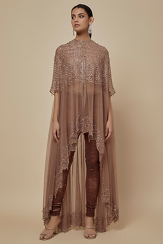 Champagne Net Cutdana Work Cape Set by Malasa