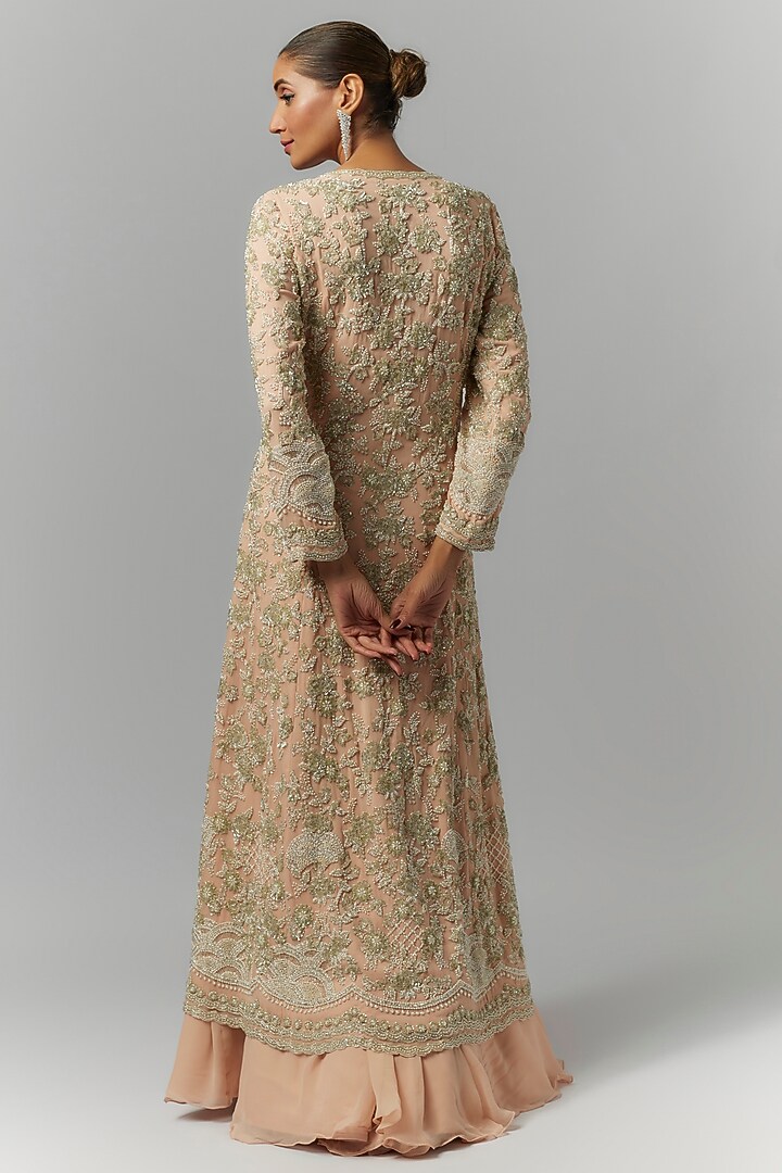 Pink Georgette Pearl & Cutdana Work Jacket Set by Malasa at Pernia's Pop Up Shop