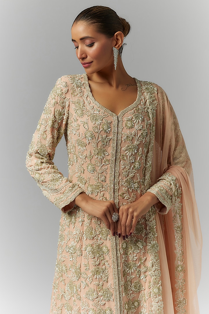Pink Georgette Pearl & Cutdana Work Jacket Set by Malasa at Pernia's Pop Up Shop