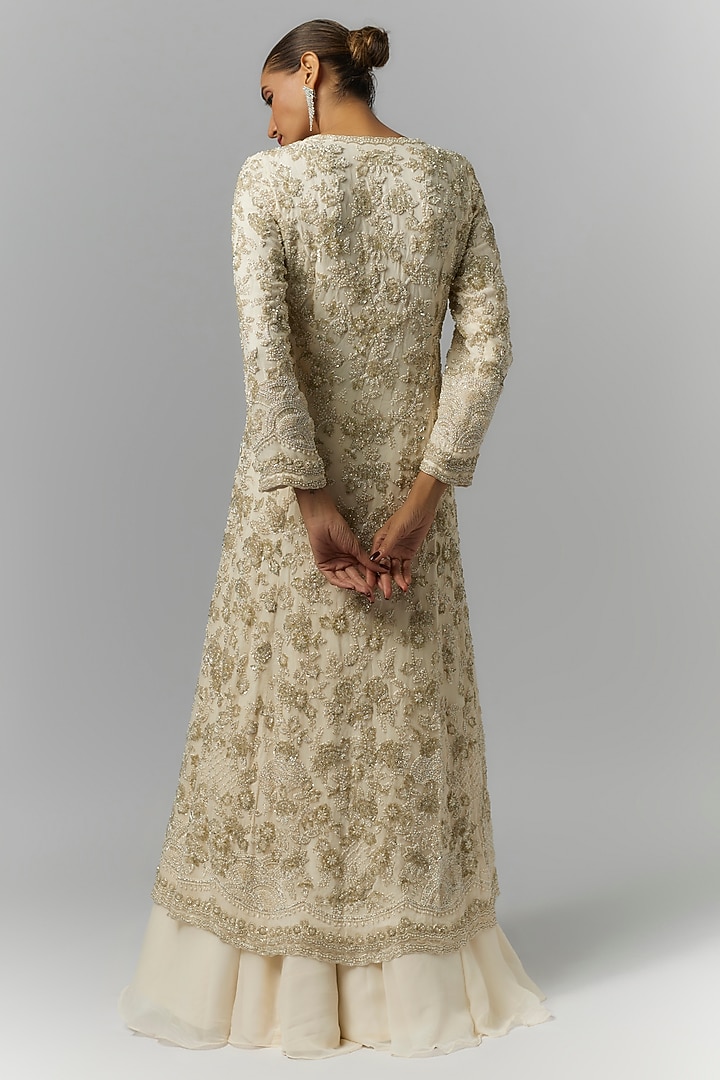 Cream Georgette Pearl & Cutdana Work Jacket Set by Malasa at Pernia's Pop Up Shop