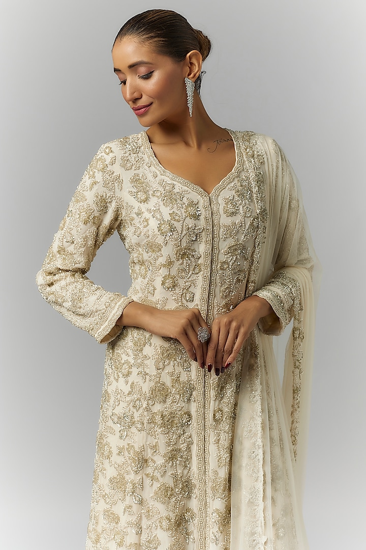 Cream Georgette Pearl & Cutdana Work Jacket Set by Malasa at Pernia's Pop Up Shop