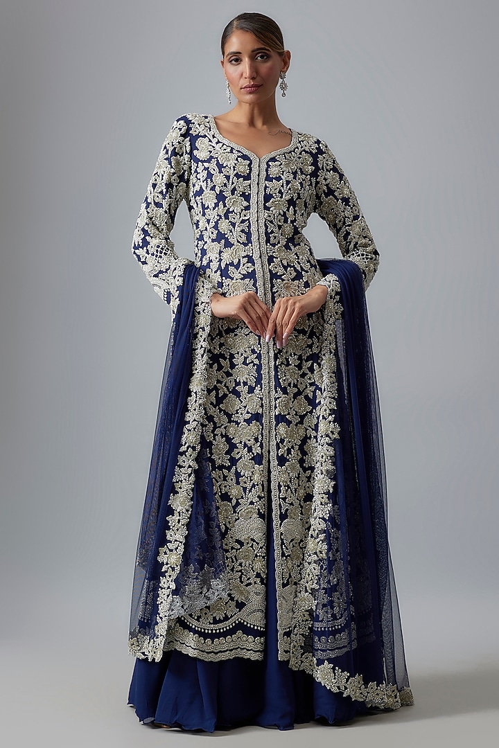 Blue Georgette Cutdana Work Jacket Set by Malasa at Pernia's Pop Up Shop
