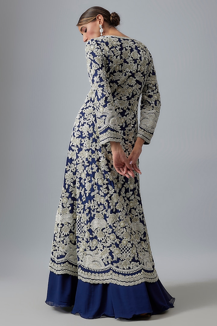 Blue Georgette Cutdana Work Jacket Set by Malasa at Pernia's Pop Up Shop