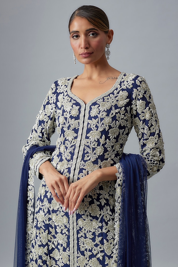 Blue Georgette Cutdana Work Jacket Set by Malasa at Pernia's Pop Up Shop