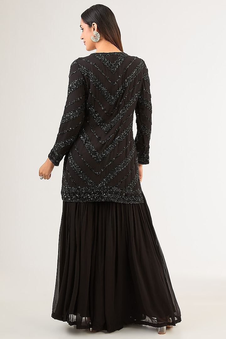 Black Georgette Cutdana Work Jacket Set by Malasa at Pernia's Pop Up Shop