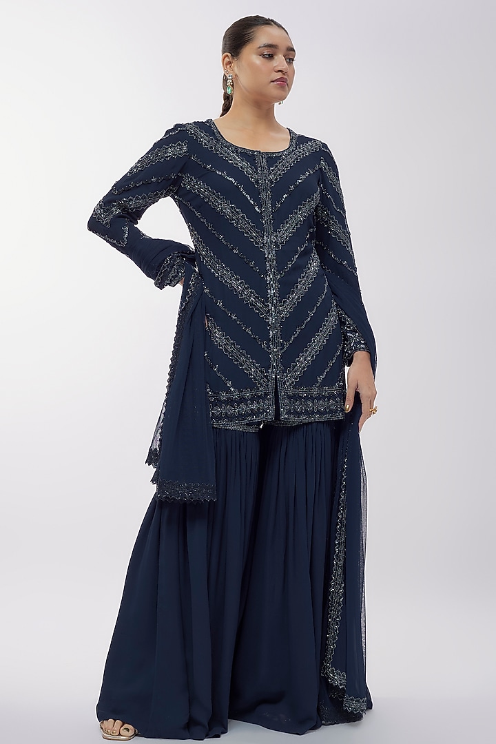 Blue Georgette Bridal Sharara Set by Malasa at Pernia's Pop Up Shop
