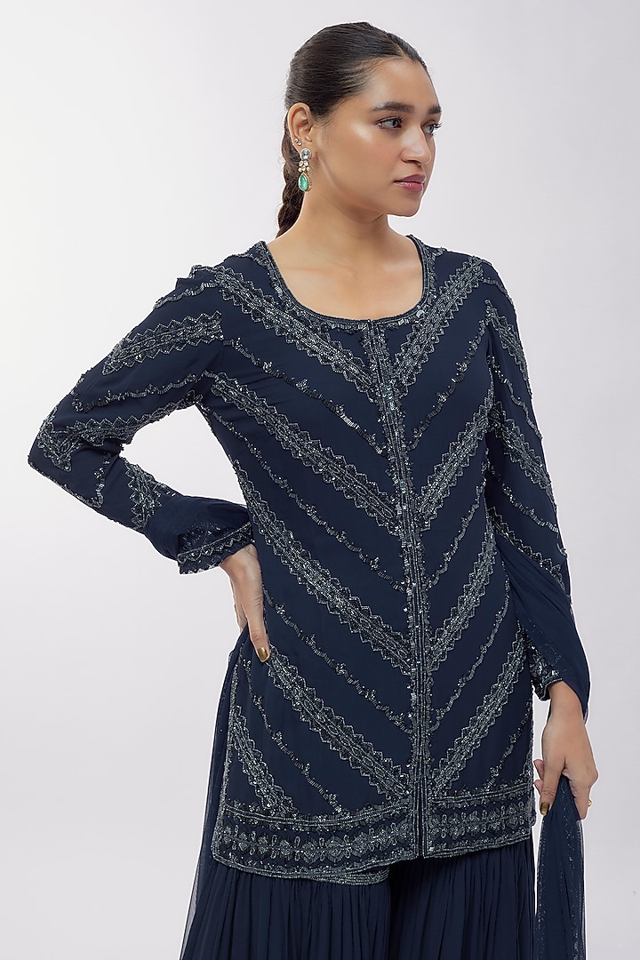 Blue Georgette Bridal Sharara Set by Malasa at Pernia's Pop Up Shop