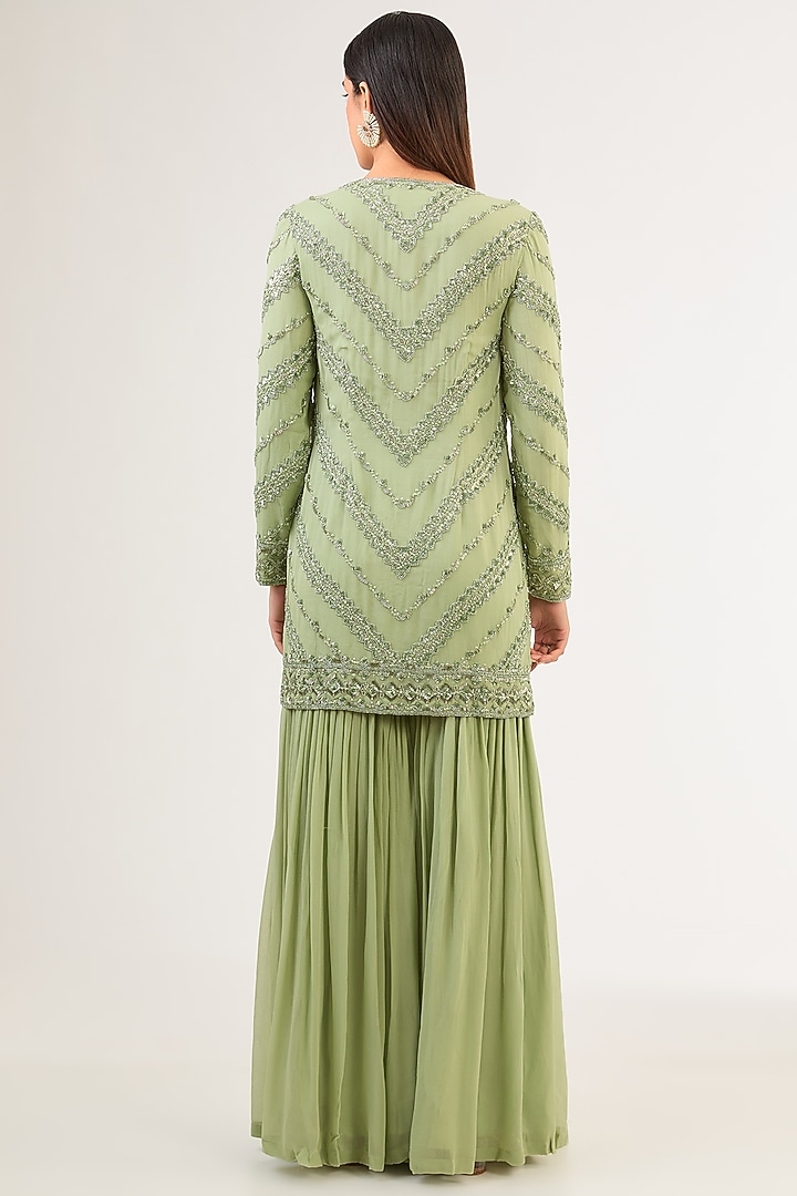 Sage Green Georgette Cutdana Work Jacket Set by Malasa at Pernia's Pop Up Shop