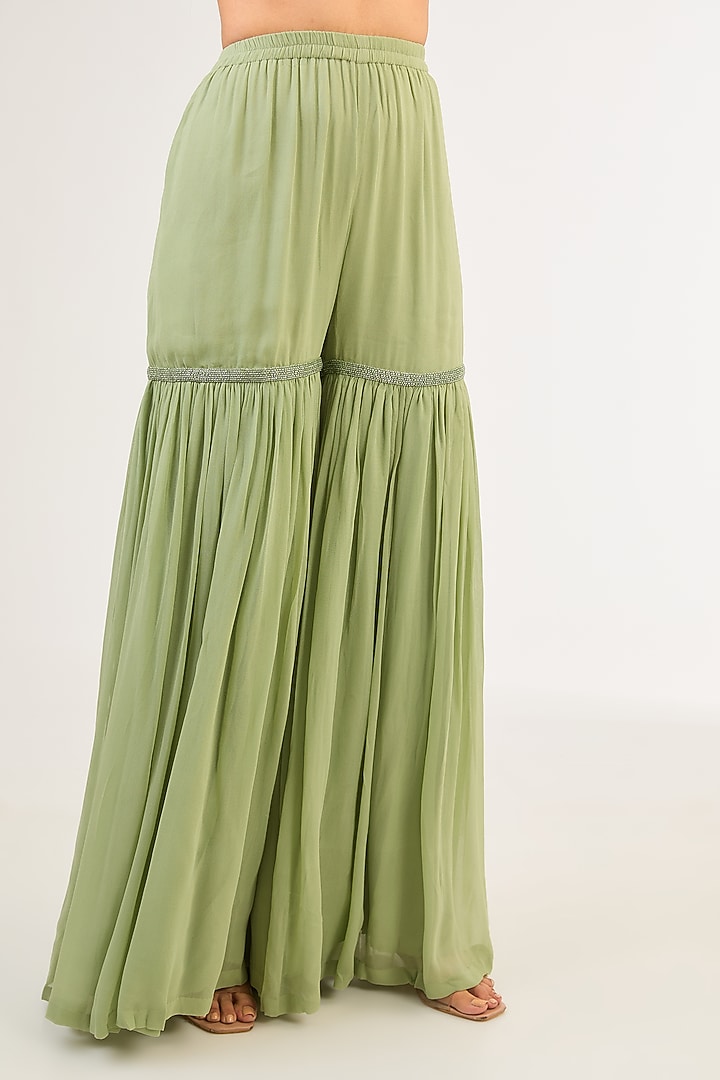 Sage Green Georgette Cutdana Work Jacket Set by Malasa at Pernia's Pop Up Shop