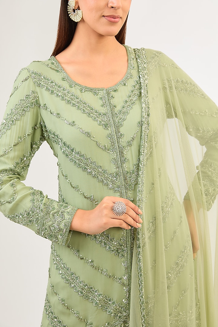 Sage Green Georgette Cutdana Work Jacket Set by Malasa at Pernia's Pop Up Shop