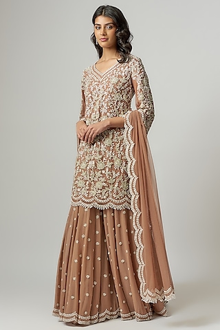 Champagne Georgette Pearl & Cutdana Work Sharara Set by Malasa